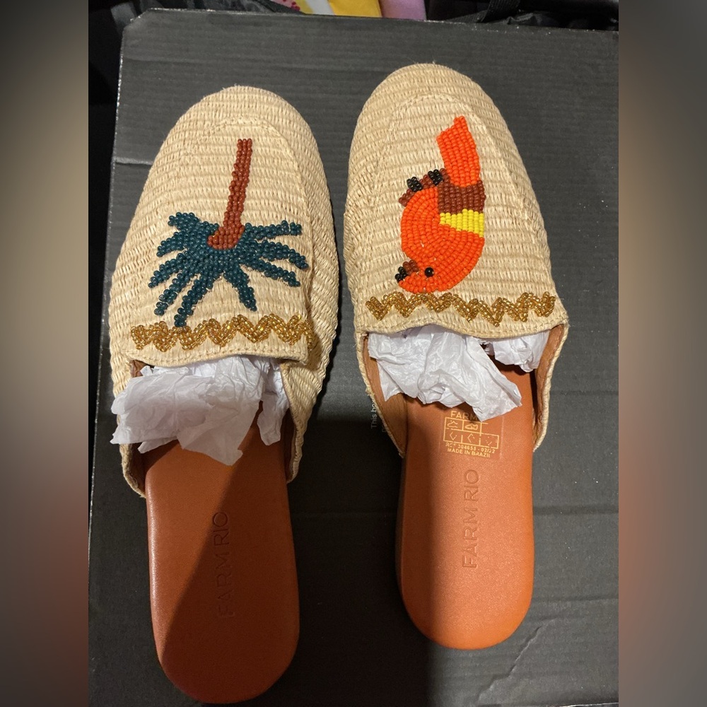 FARM RIO Beaded Palm & Parrot Raffia Slip-On Mules - Natural/Orange